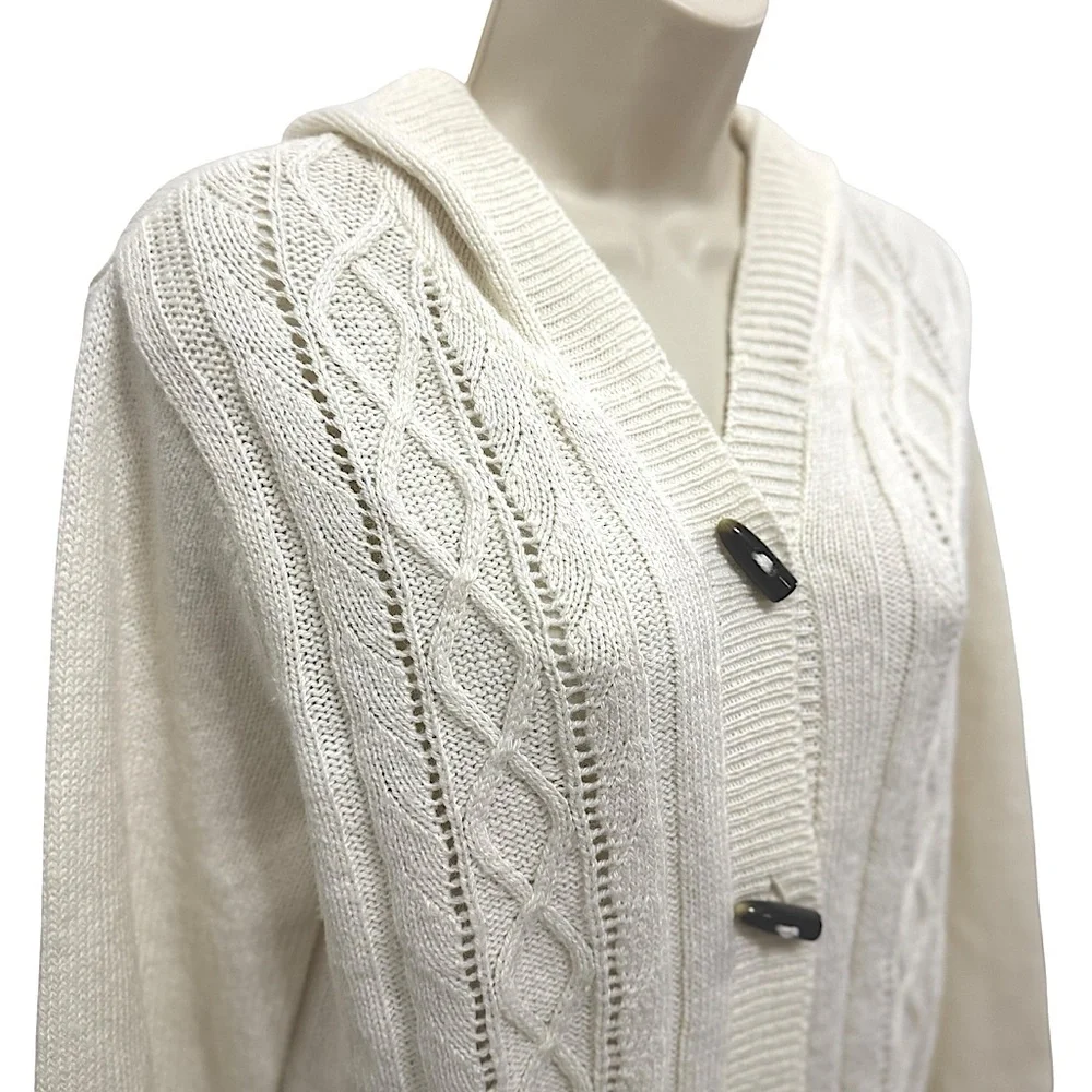 Columbia Ivory Wool Blend Long Sleeve Hooded Button Up Cable Knit Cardigan Large